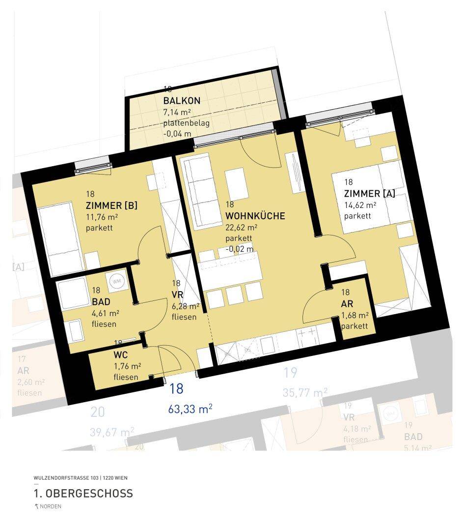 Grundriss des ersten Obergeschosses mit offener Wohnküche, zwei Zimmern, Bad, WC und Balkon.