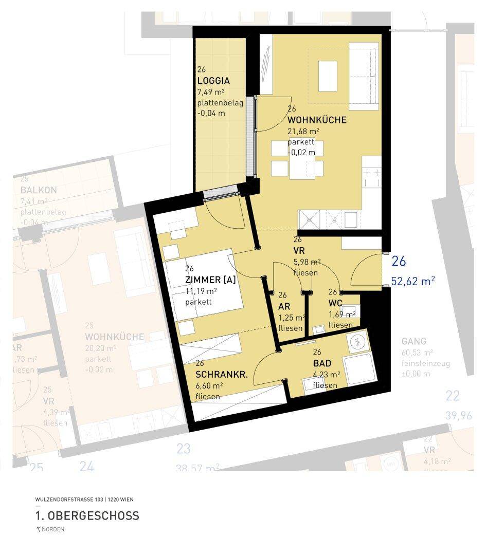 Grundriss einer Wohnung im Obergeschoss mit Wohnküche, Schlafzimmer, Bad, WC und Loggia.