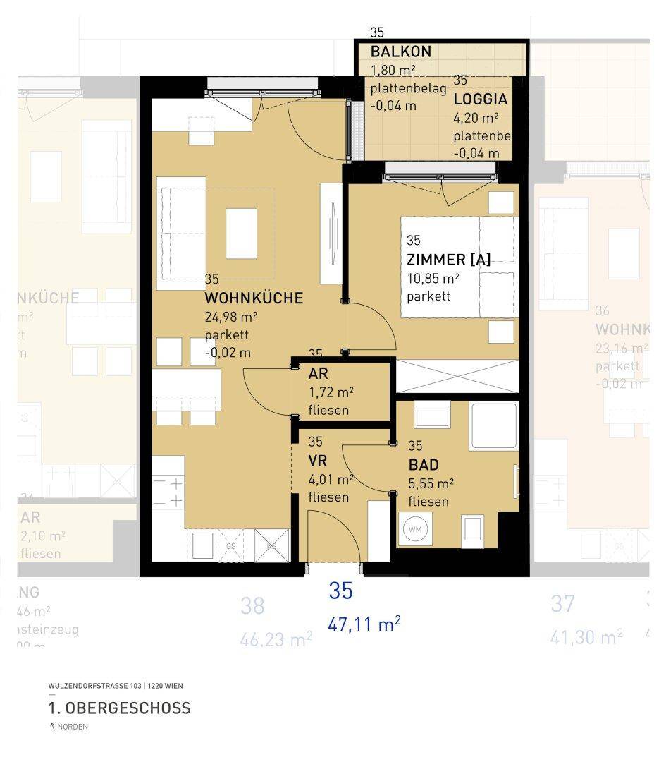 Grundriss einer Wohnung mit offener Wohnküche, Schlafzimmer, Bad, Balkon und Loggia.
