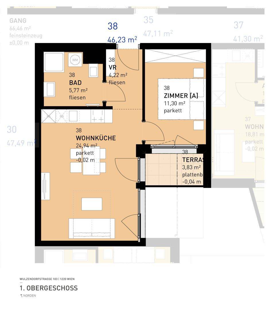 Grundriss einer Obergeschosswohnung mit offener Wohnküche, Schlafzimmer und Terrasse.