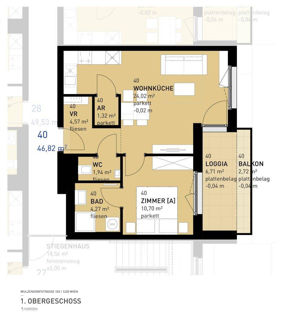 Grundriss einer Wohnung im Obergeschoss mit Wohnküche, Loggia und Balkon.