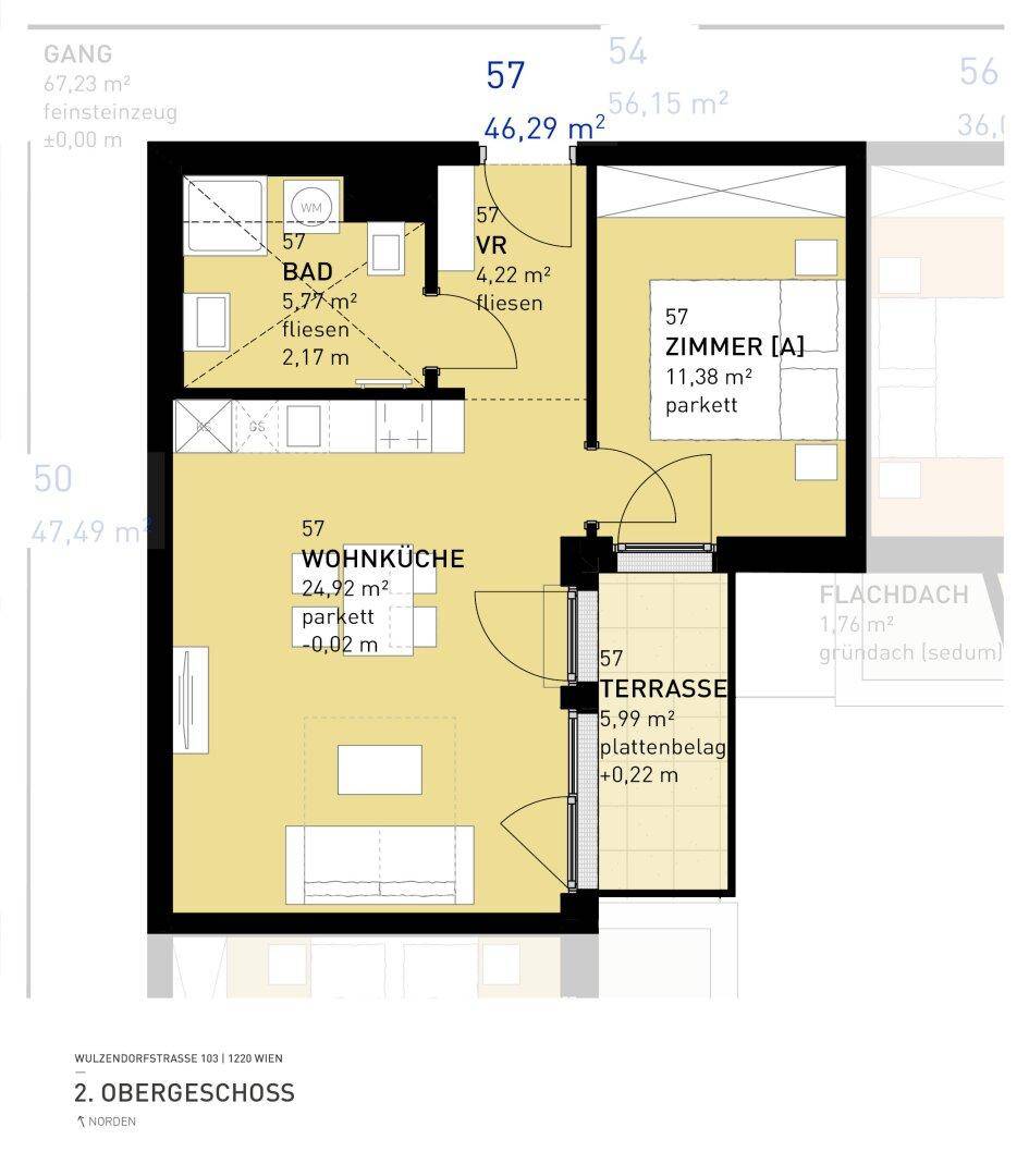 Grundriss einer Wohnung mit offener Wohnküche, Schlafzimmer, Bad und einer großzügigen Terrasse.