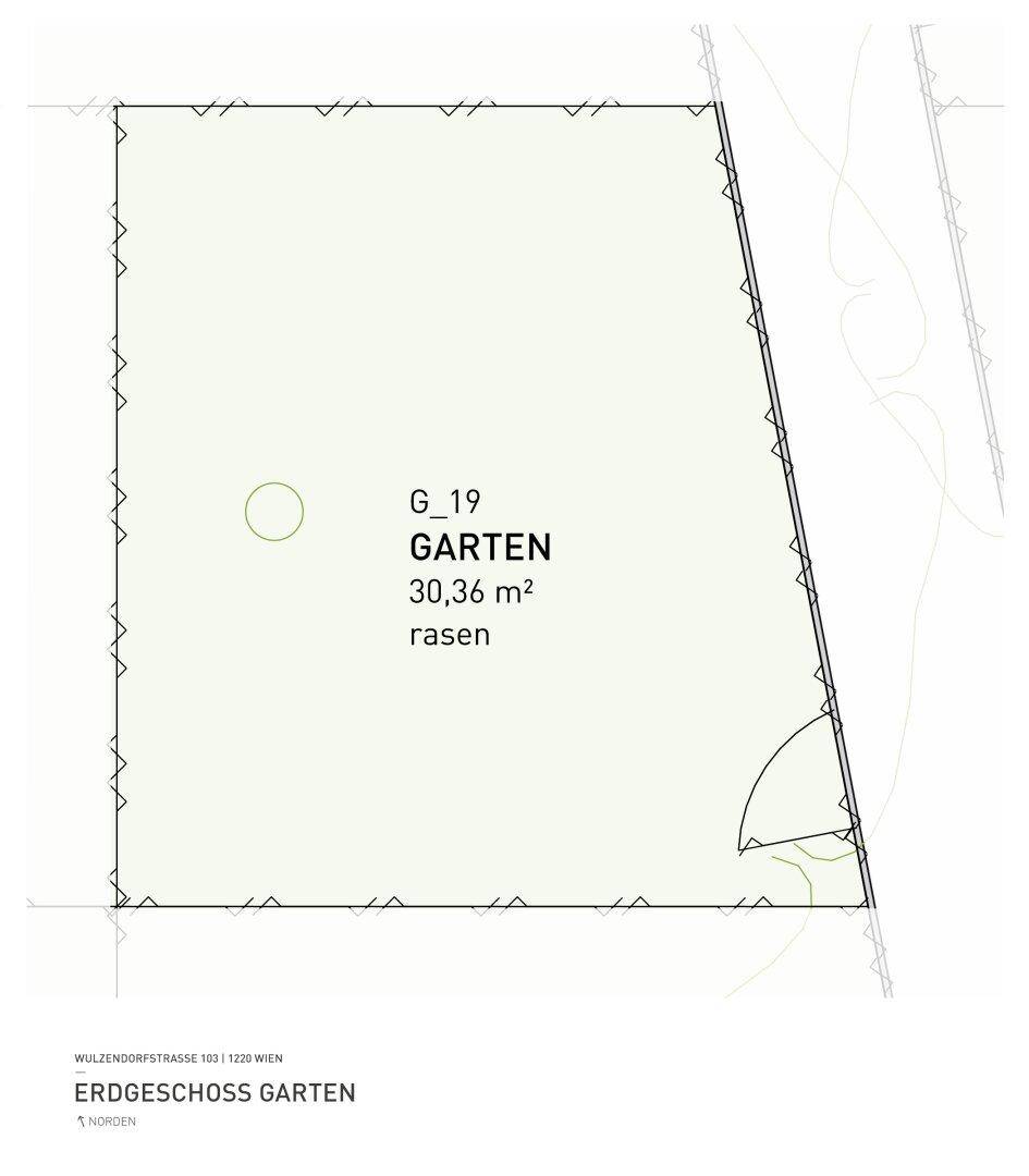 Grundriss des Gartens im Erdgeschoss mit einer Fläche von 30,36 m² Rasenfläche.