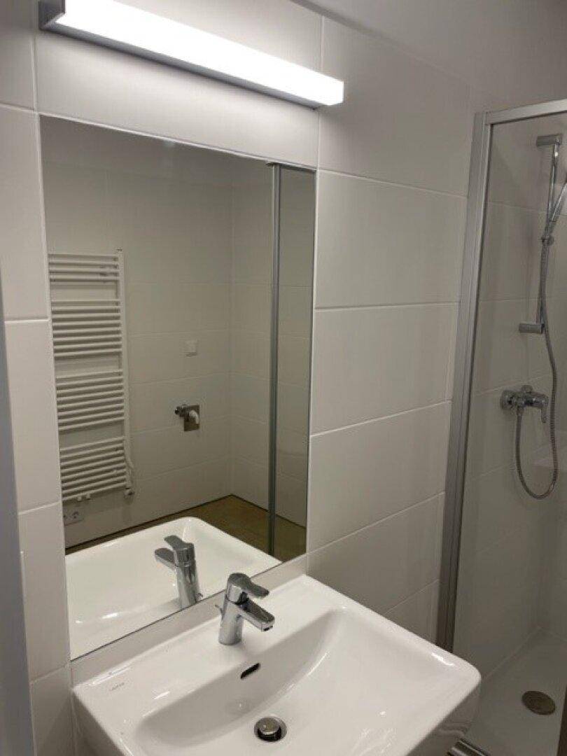 Modernes Badezimmer mit weißem Waschbecken, großem Spiegel und Duschkabine.
