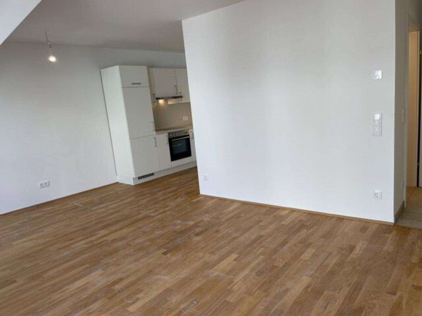 Offener Wohnbereich mit Holzparkett und Blick auf die integrierte Küche.