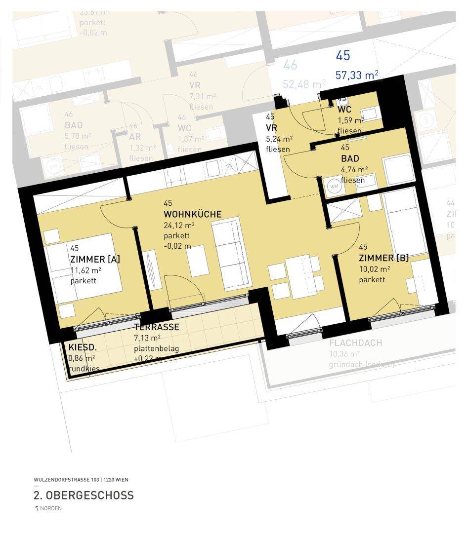 Grundriss einer Wohnung im zweiten Obergeschoss mit Wohnküche, zwei Zimmern und Terrasse.