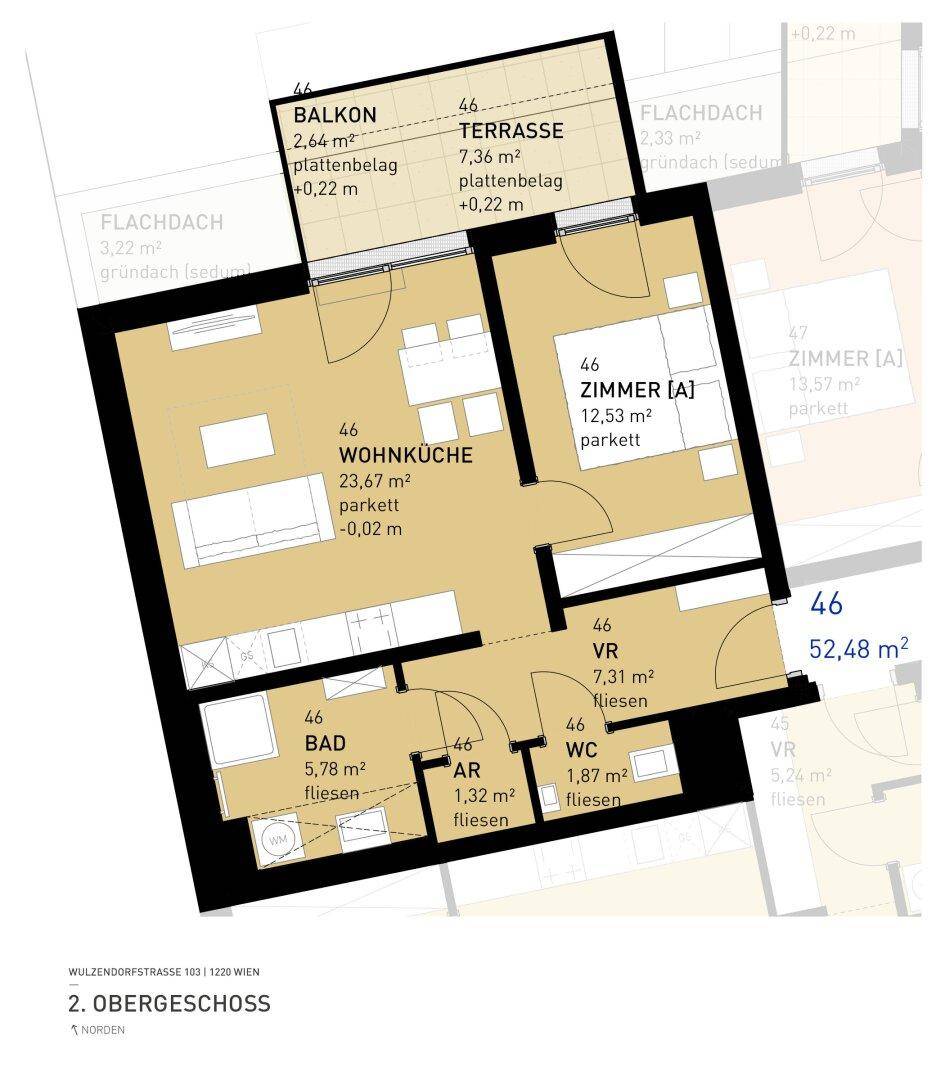 Grundriss einer Wohnung im 2. Obergeschoss mit offener Wohnküche, Schlafzimmer, Bad, separatem WC, Balkon und Terrasse.
