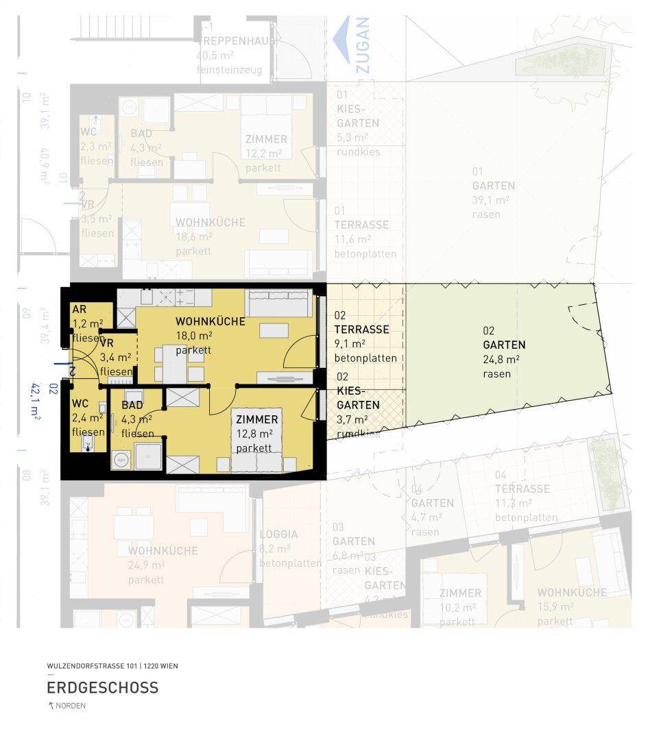 Grundriss einer Erdgeschosswohnung mit offener Wohnküche, Zimmer, Terrasse und Gartenanteil.