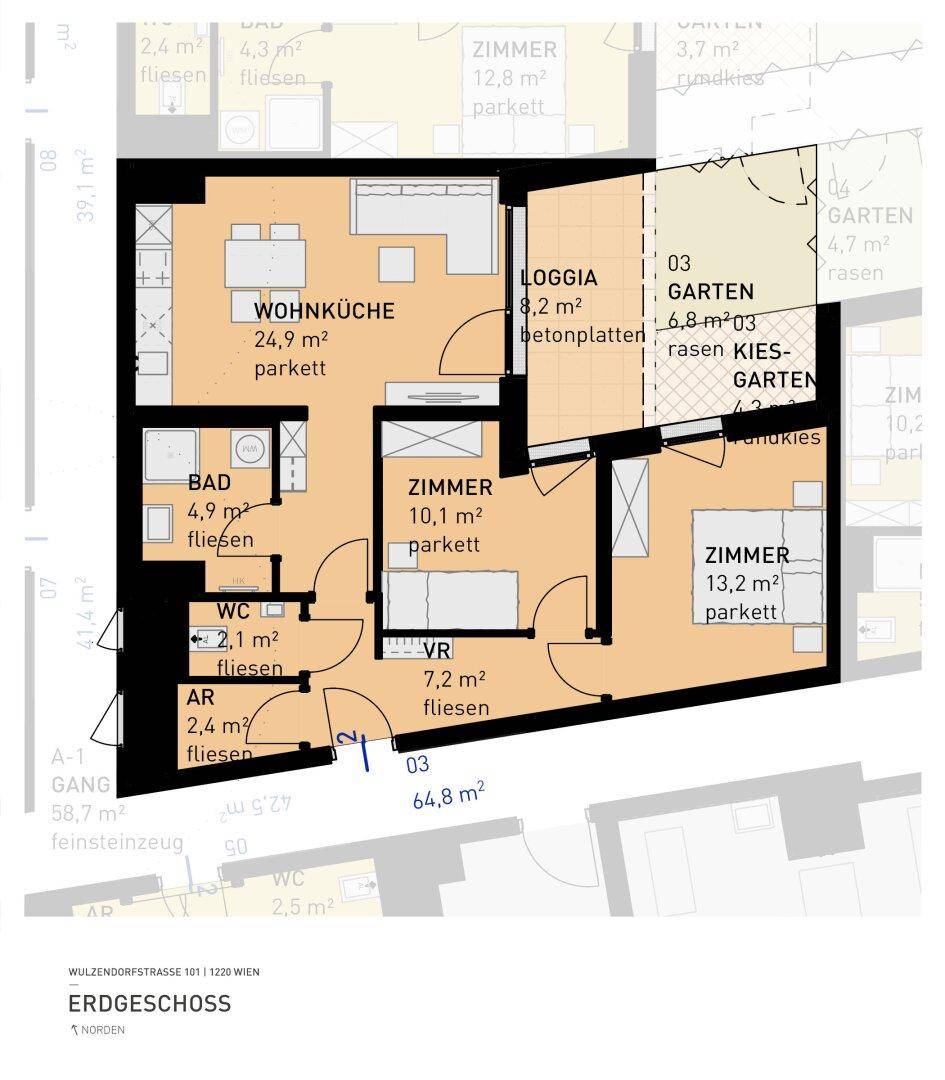 Grundriss einer Erdgeschosswohnung mit offener Wohnküche, Loggia und Gartenanteil.