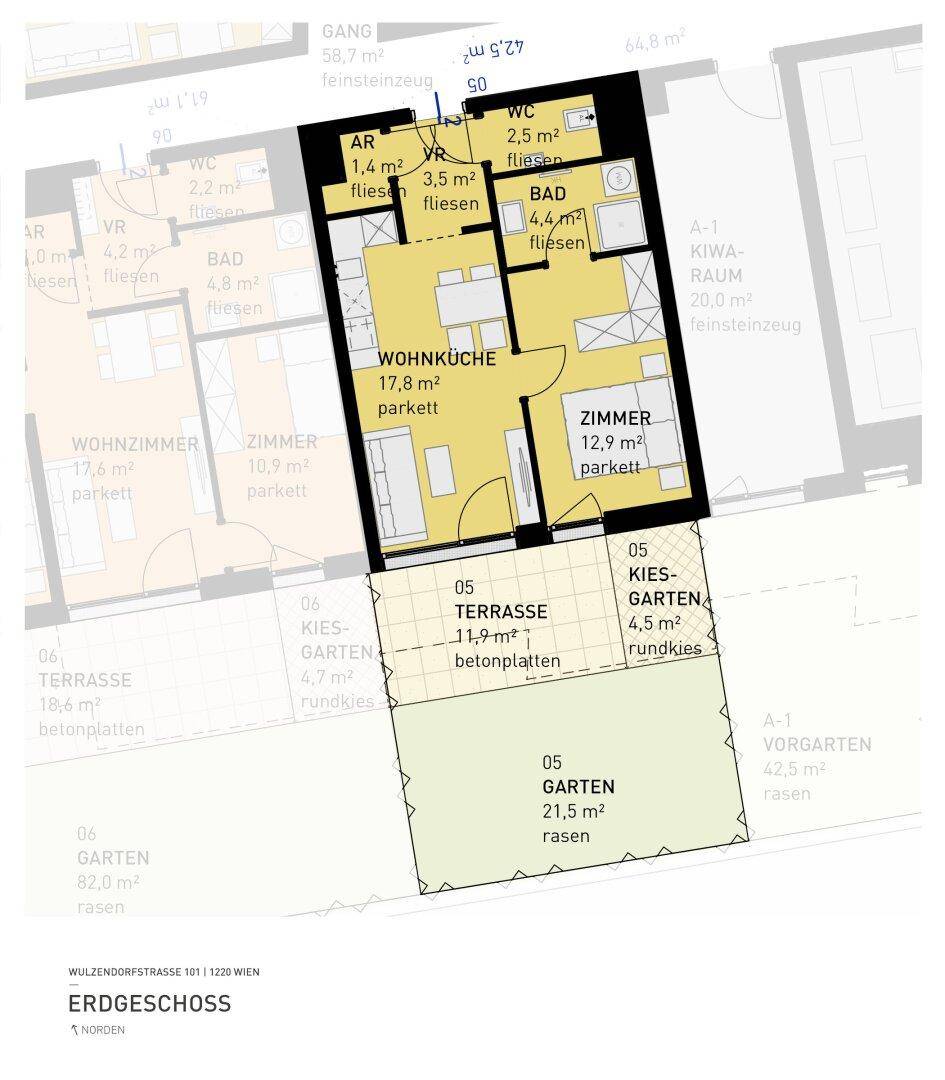 Grundriss einer Erdgeschosswohnung mit Wohnküche, Zimmer, Bad und direktem Gartenzugang.