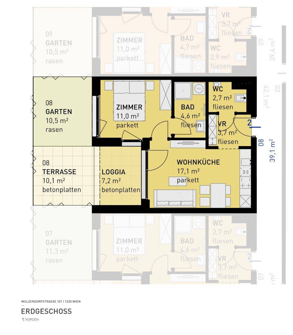 Grundriss einer Erdgeschosswohnung mit Wohnküche, zwei Zimmern, Loggia, Terrasse und Garten.