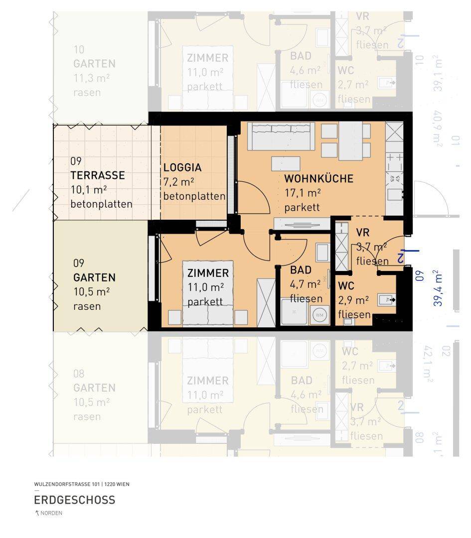 Grundriss einer Erdgeschosswohnung mit offener Wohnküche, Schlafzimmer, Loggia, Terrasse und Garten.