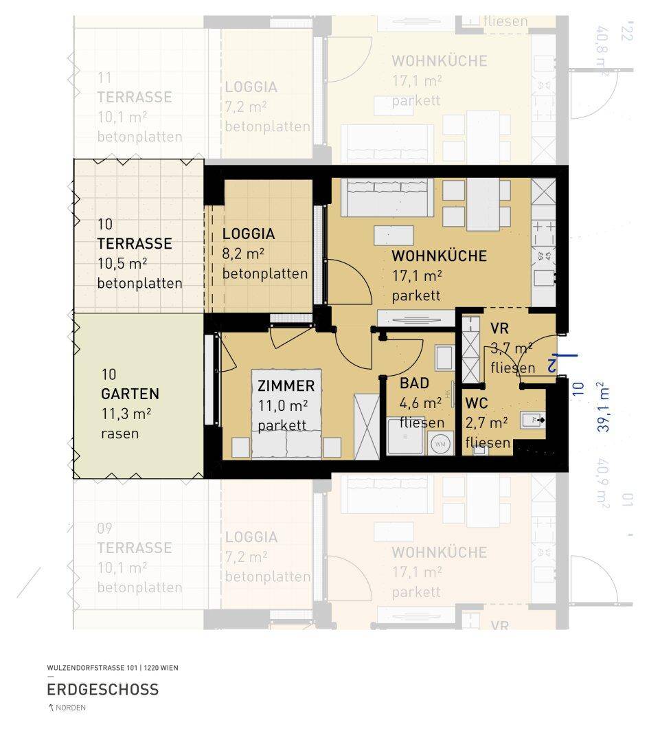 Grundriss einer Erdgeschosswohnung mit Terrasse, Garten und offenem Wohnküchenbereich.