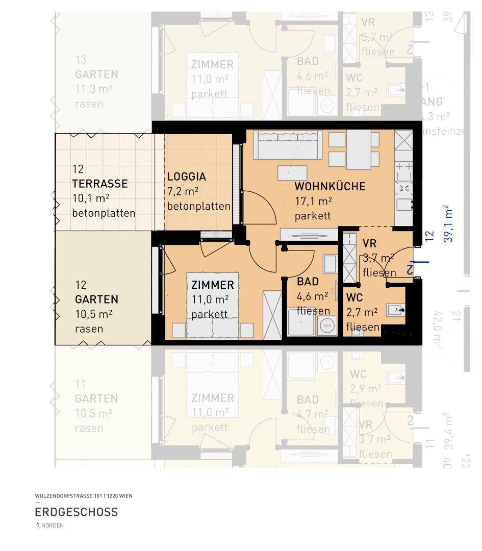 Grundriss einer Erdgeschosswohnung mit offener Wohnküche, zwei Zimmern, Terrasse und Garten.