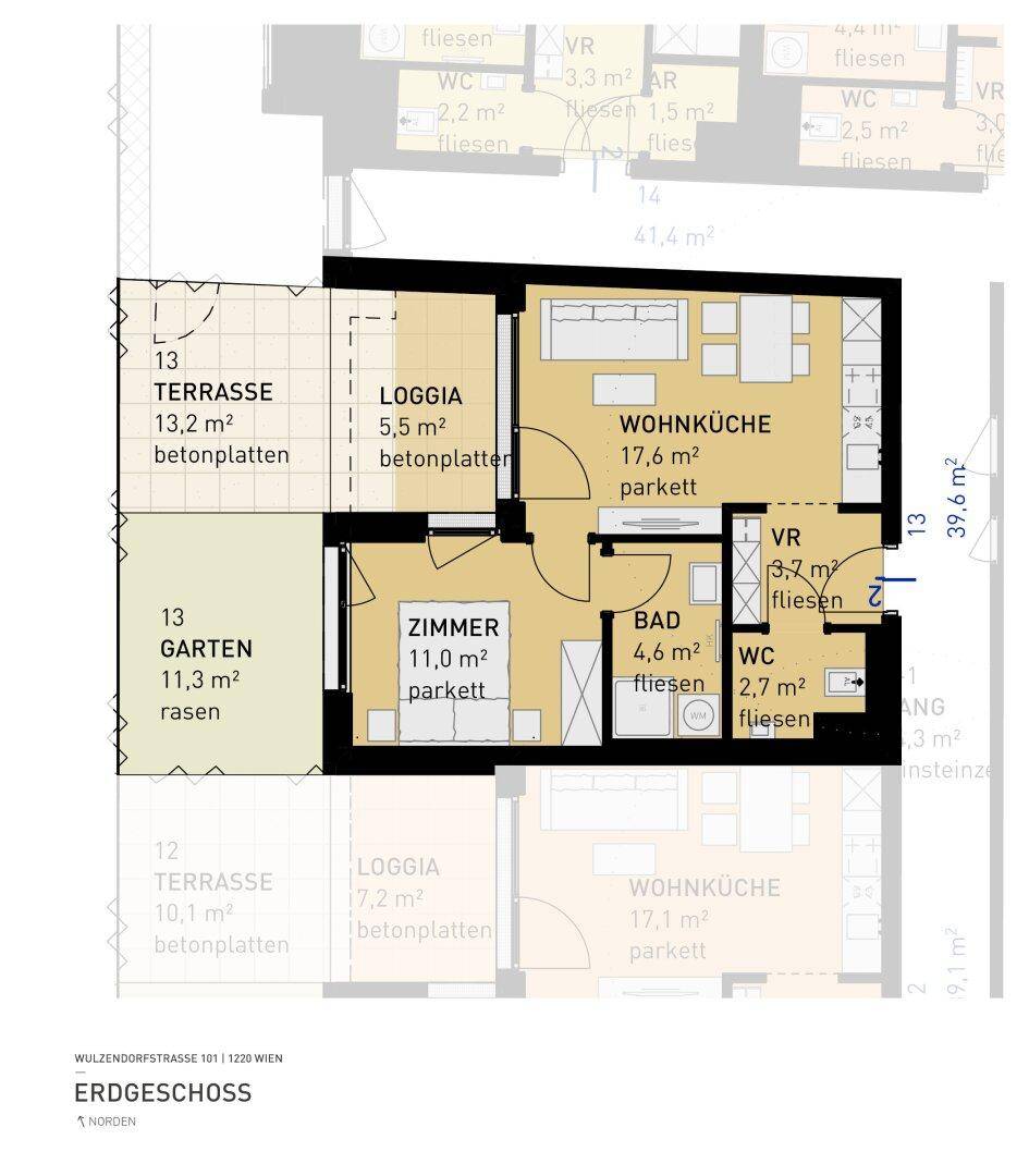 Grundriss einer Erdgeschosswohnung mit Wohnküche, Schlafzimmer, Bad, WC, Loggia, Terrasse und Garten.