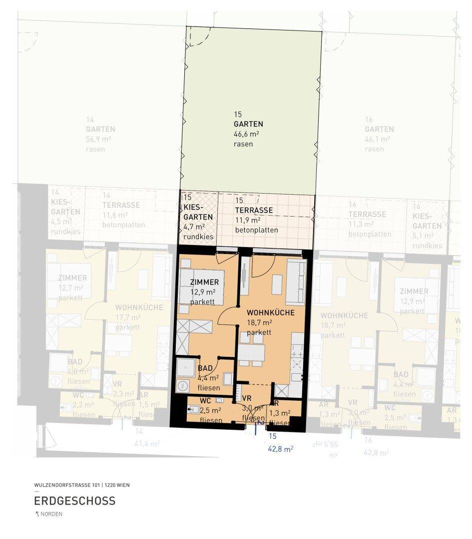 Grundriss einer Erdgeschosswohnung mit Wohnküche, Schlafzimmer, Bad, WC, Terrasse und Garten.