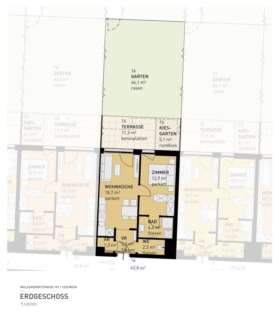 Grundriss einer Erdgeschosswohnung mit Wohnküche, Bad, Garten und Terrasse.