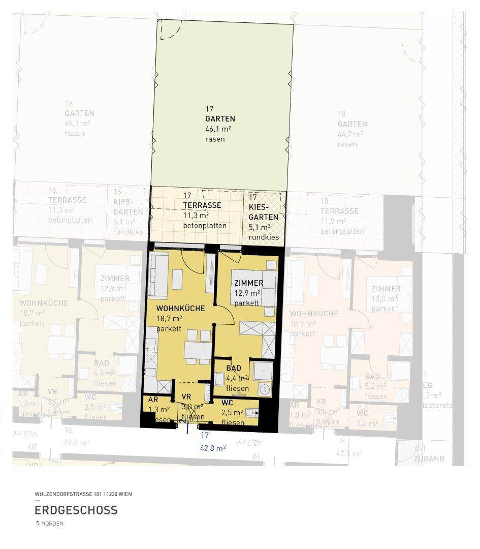 Grundriss einer Erdgeschosswohnung mit Wohnküche, Zimmer, Bad und direktem Gartenzugang.