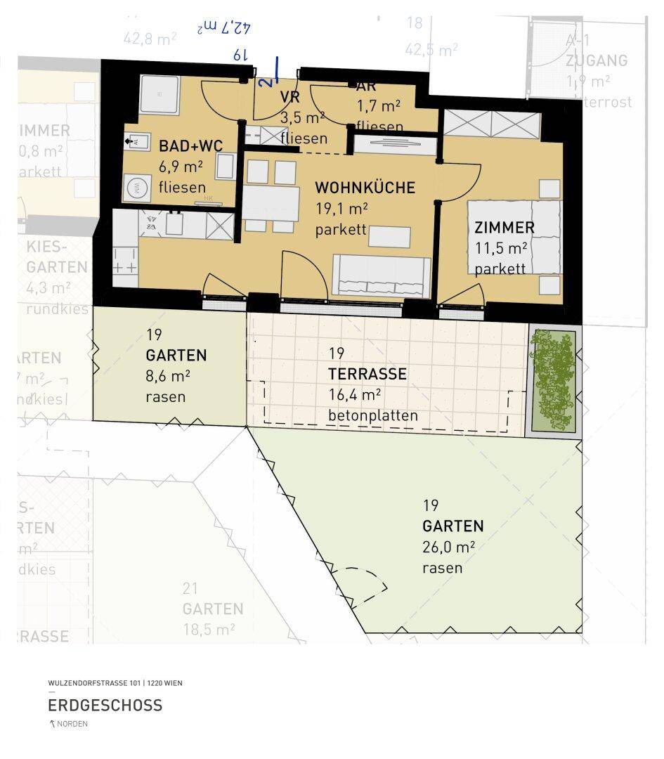 Grundriss einer Erdgeschosswohnung mit Wohnküche, Bad, Terrasse und zwei Gartenbereichen.