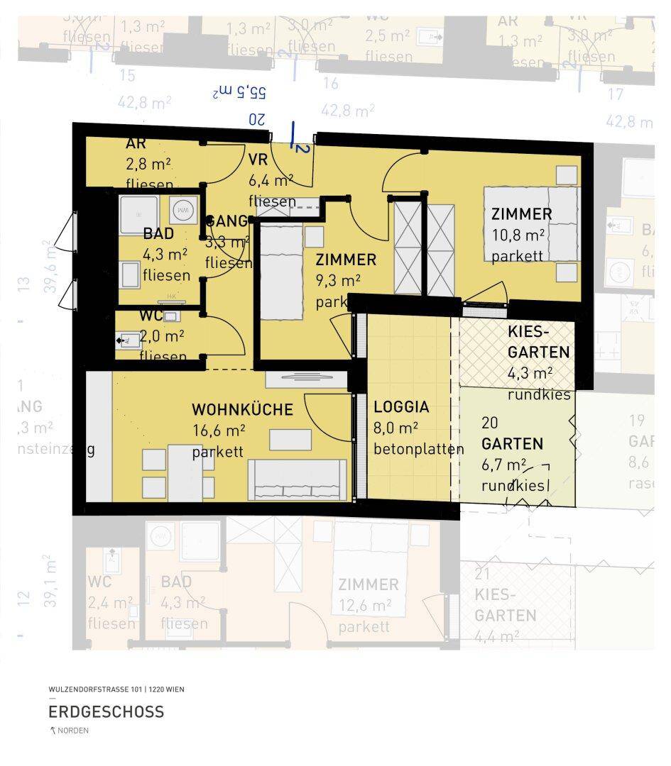 Grundriss einer Erdgeschosswohnung mit Wohnküche, Loggia und Gartenanteil.