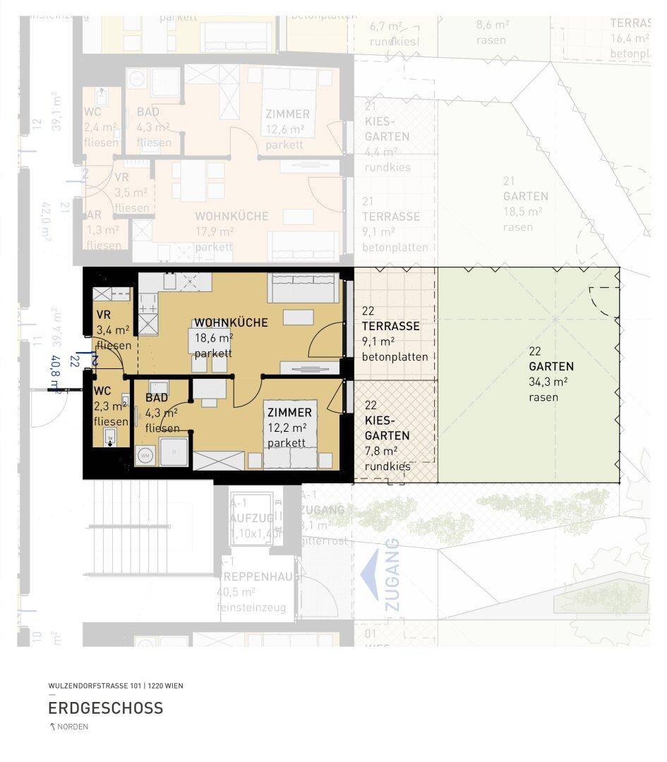 Grundriss einer Erdgeschosswohnung mit Wohnküche, Zimmer, Bad, WC, Terrasse und Garten.