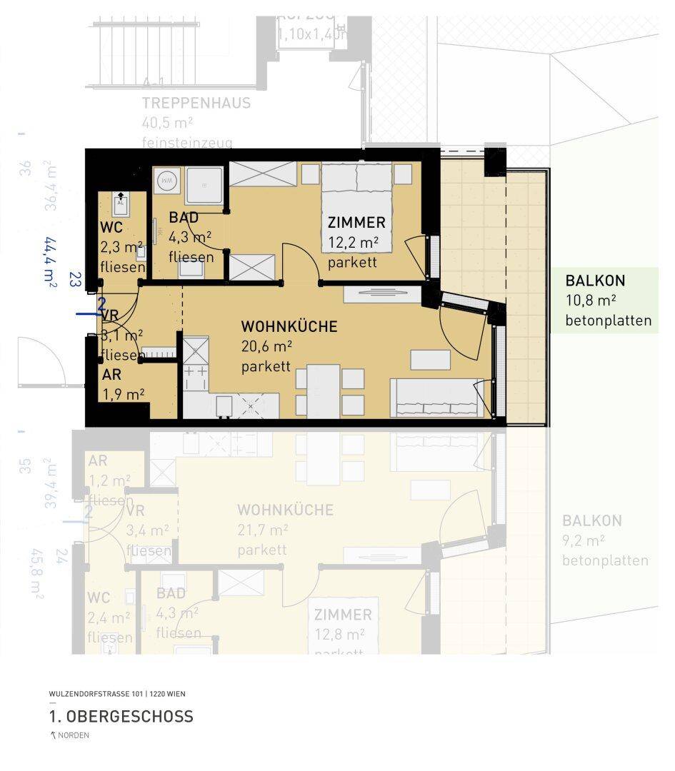Grundriss einer Wohnung im Obergeschoss mit Wohnküche, Schlafzimmer, Bad und Balkon.