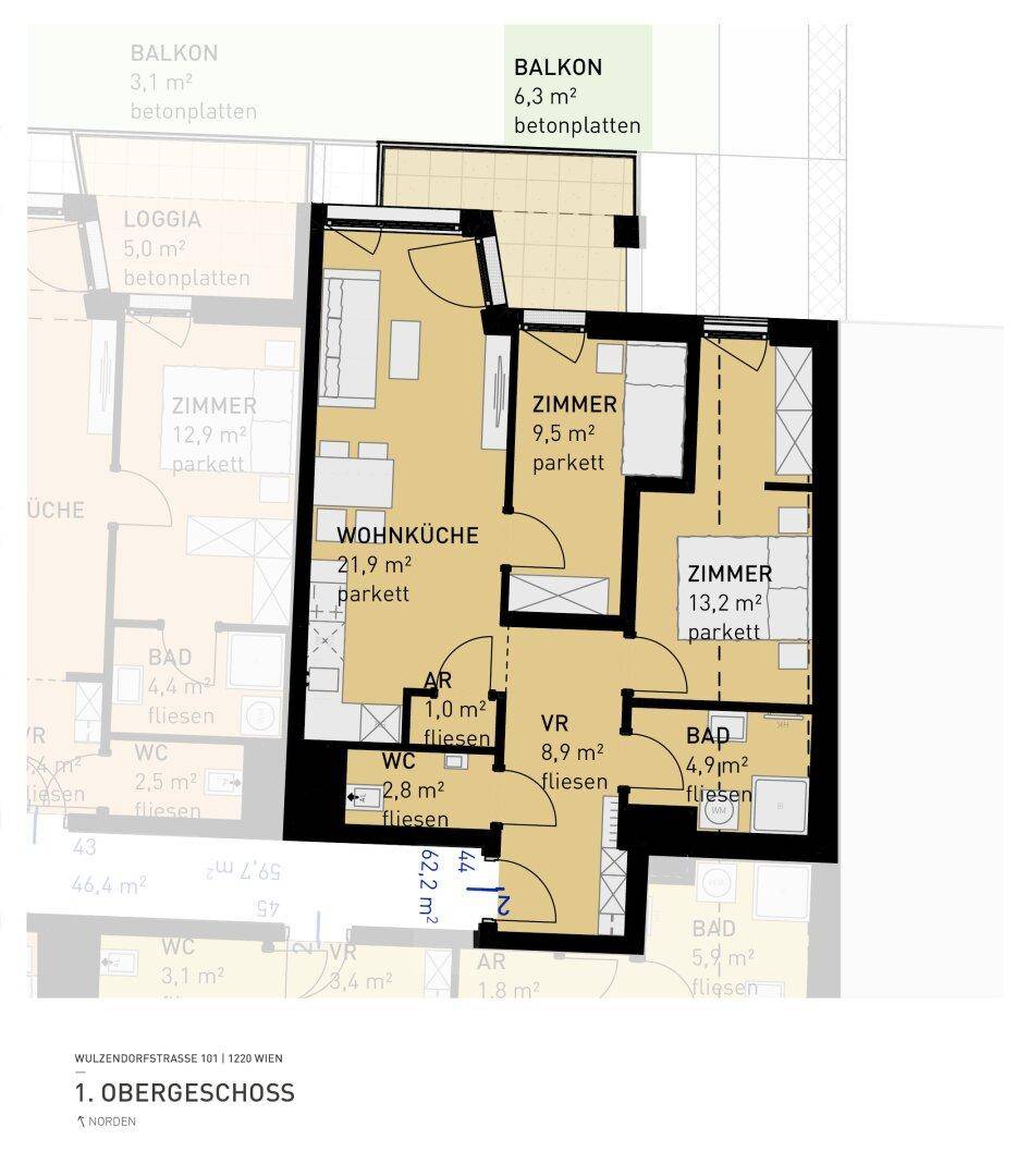 Grundriss einer Wohnung im Obergeschoss mit Balkon, Loggia und zwei Bädern.