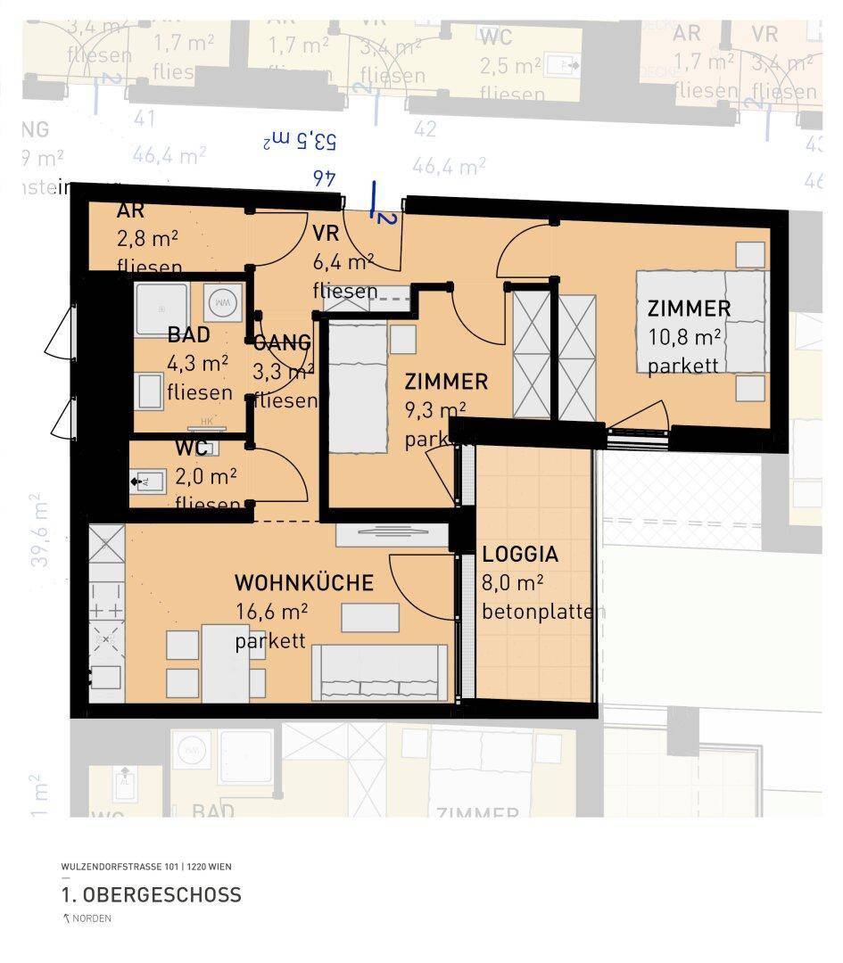Grundriss einer Wohnung mit Wohnküche, zwei Zimmern, Bad, separatem WC und Loggia.
