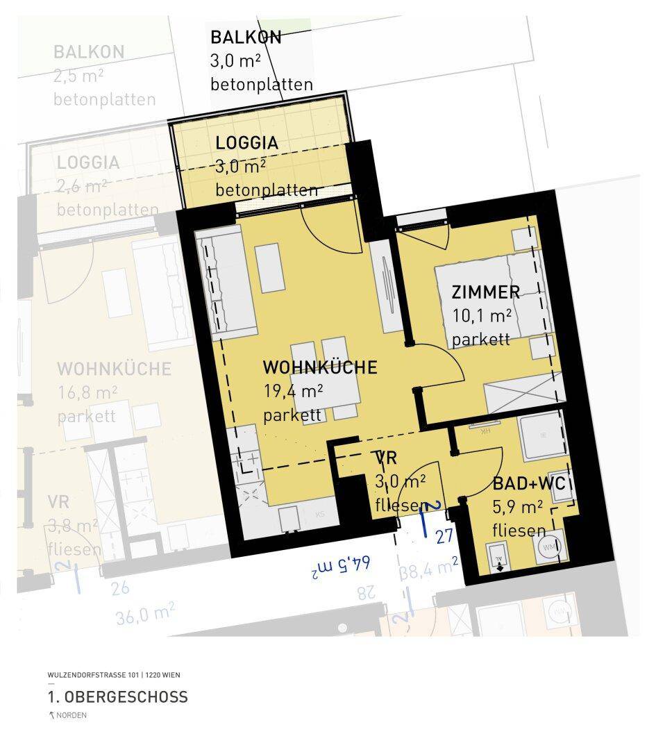 Grundriss einer Wohnung im 1. Obergeschoss mit Balkon, Loggia und offener Wohnküche.