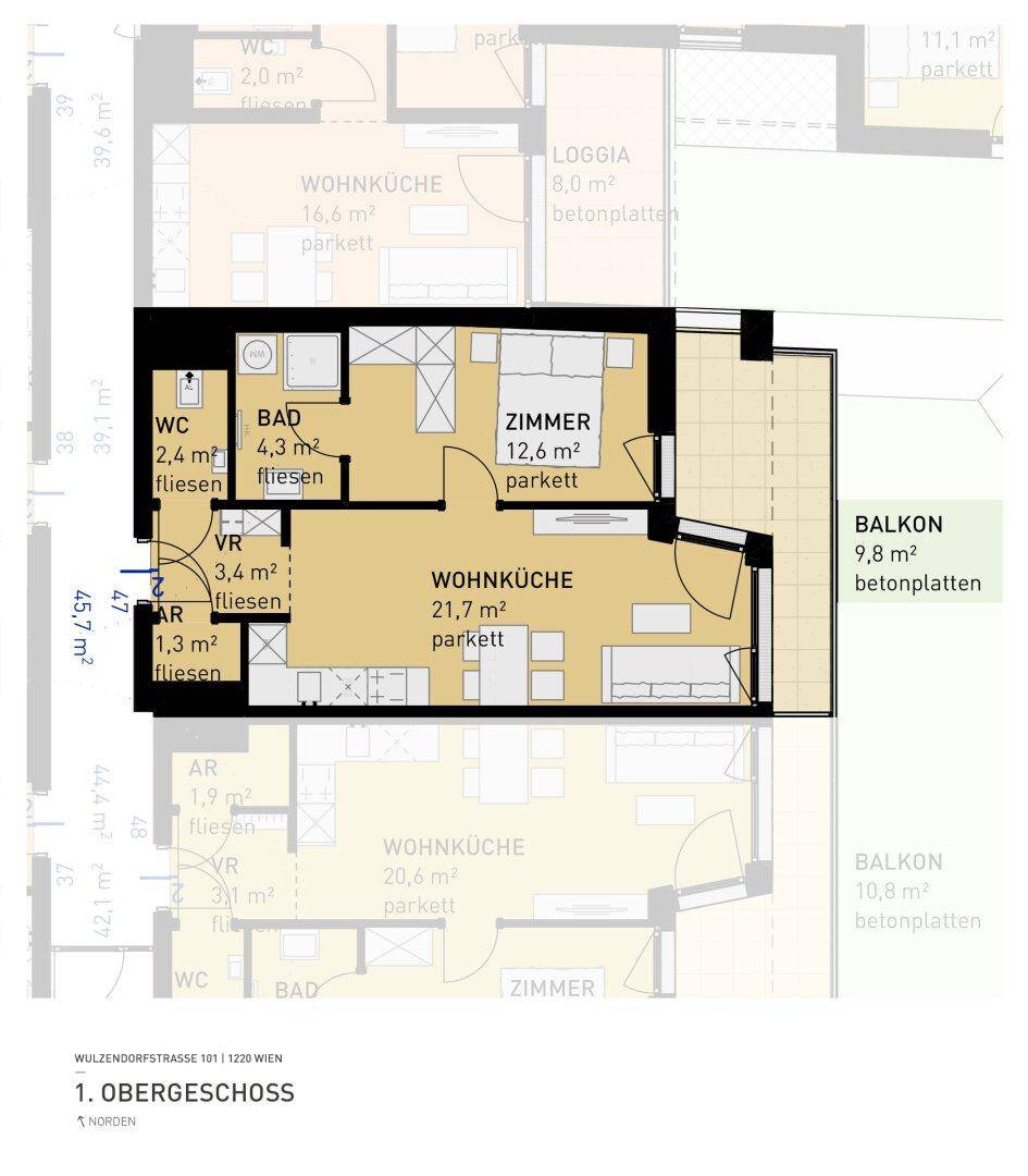 Grundriss einer Wohnung im Obergeschoss mit Wohnküche, Bad und Balkon.