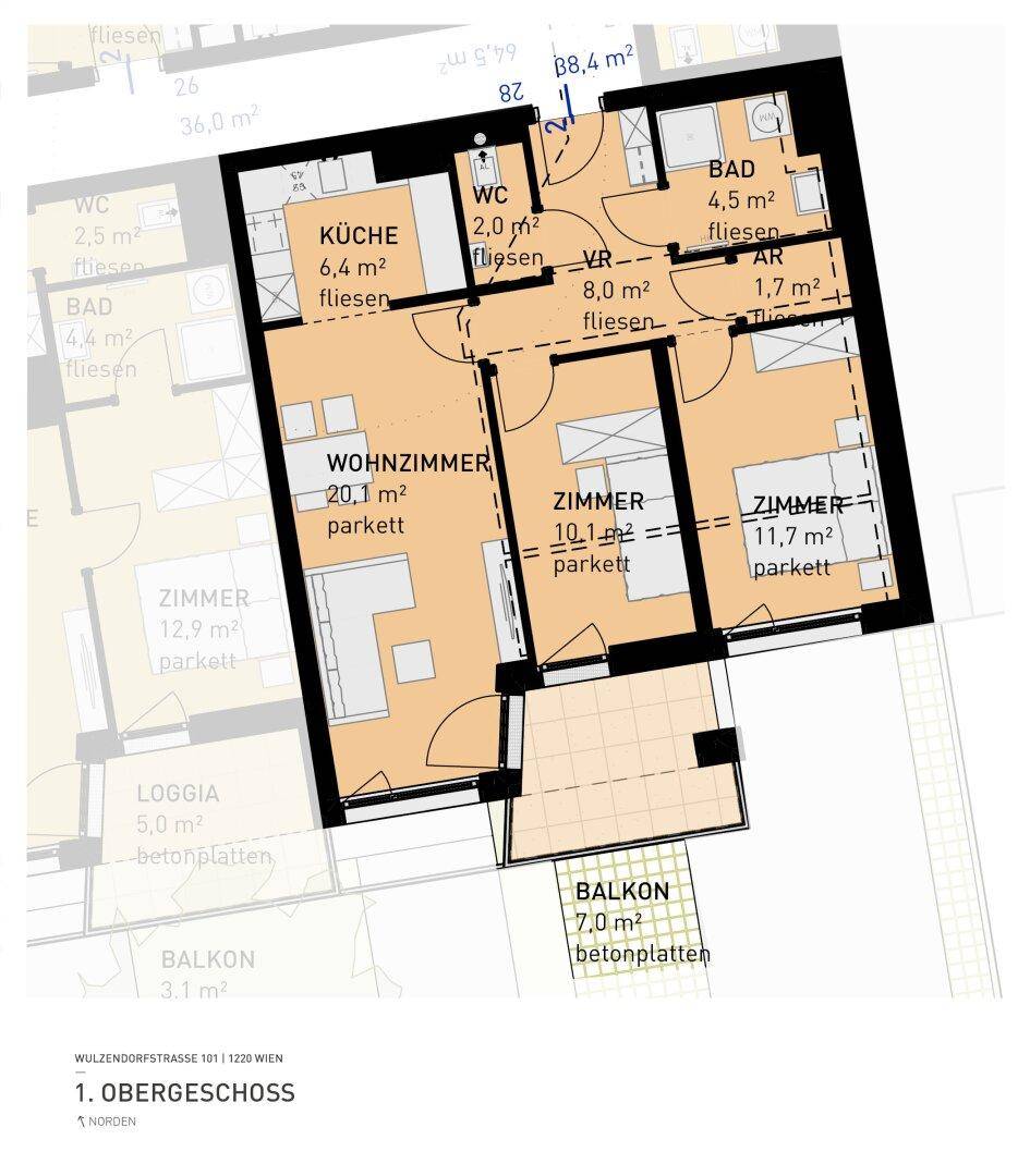 Grundriss einer Wohnung im Obergeschoss mit drei Zimmern, offener Küche und Balkon.