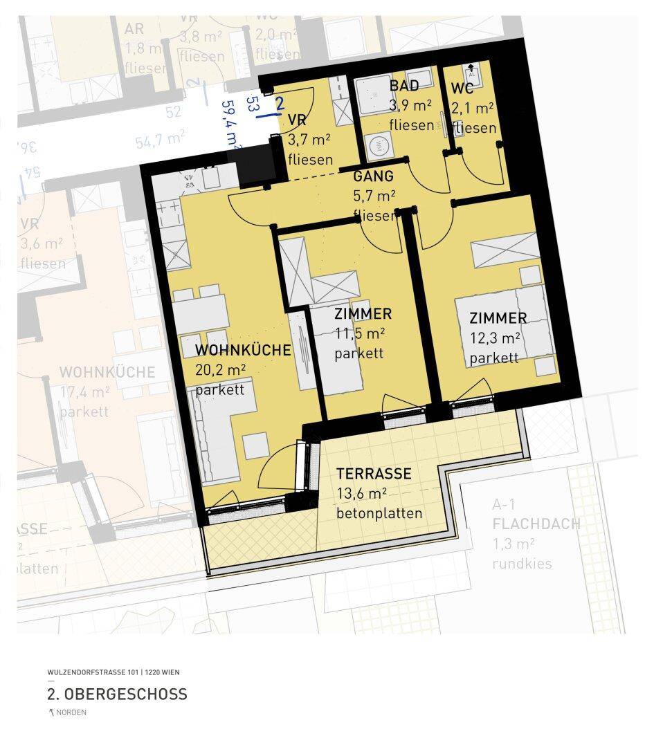 Grundriss des 2. Obergeschosses mit Wohnküche, zwei Zimmern, Bad, WC und Terrasse.