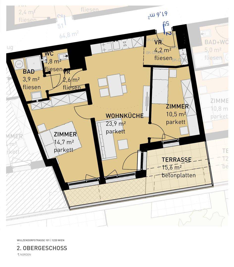 Grundriss einer Wohnung im Obergeschoss mit Wohnküche, zwei Zimmern und großer Terrasse.