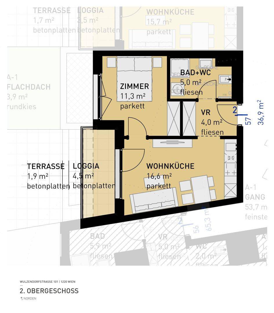 Grundriss einer Wohnung mit Wohnküche, Schlafzimmer, Bad und Loggia im 2. Obergeschoss.