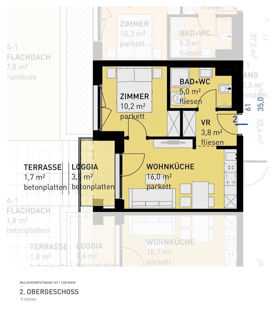 Grundriss einer Wohnung im Obergeschoss mit Wohnküche, zwei Zimmern, zwei Bädern und Loggia.