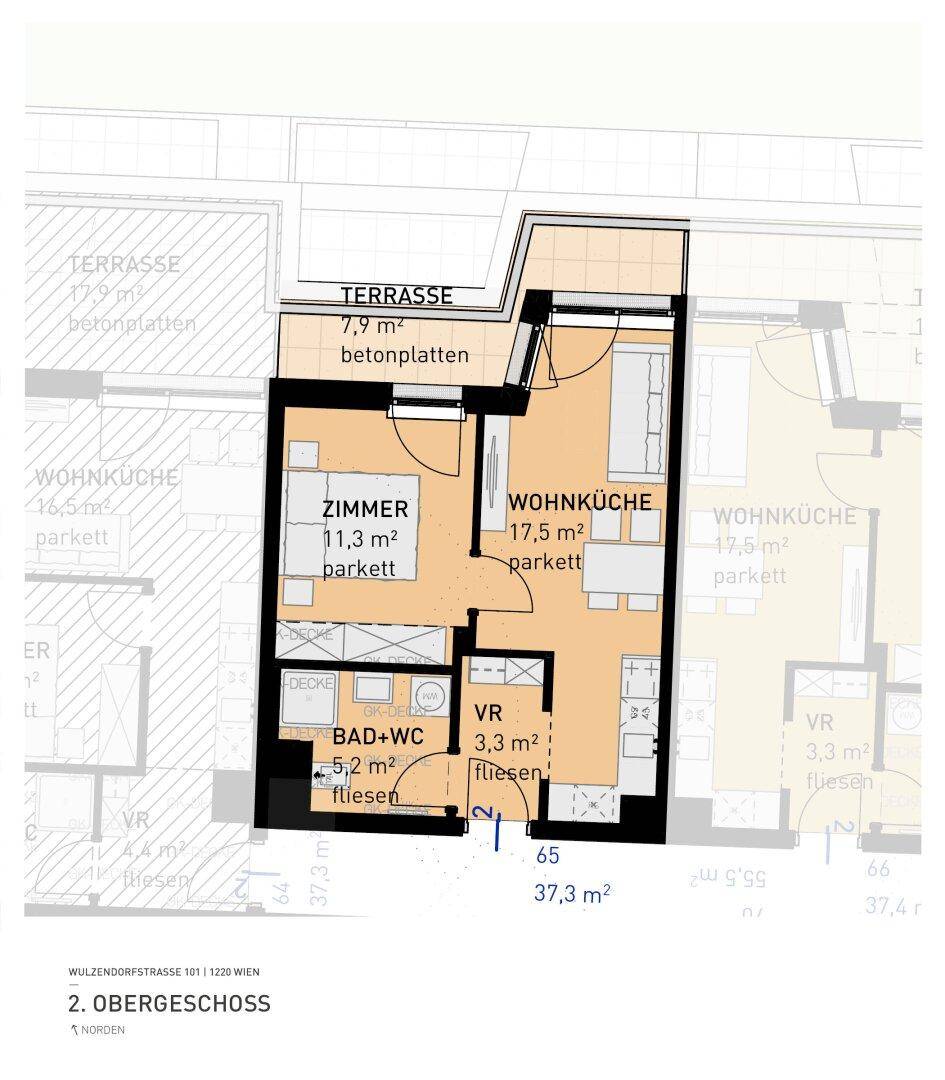 Grundriss einer 37,3 m² Wohnung im 2. Obergeschoss mit Wohnküche, Zimmer und Terrasse.