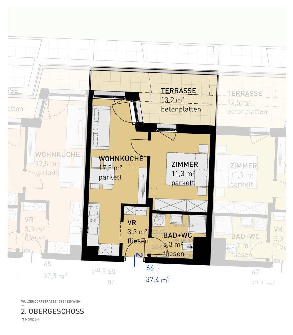 Grundriss einer Wohnung im 2. Obergeschoss mit Wohnküche, Zimmer und Terrasse.