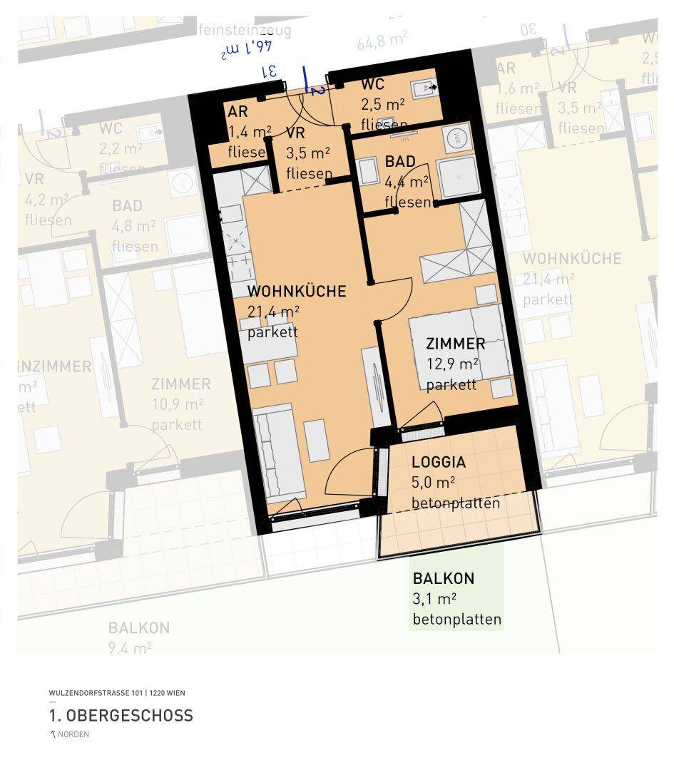 Grundriss einer Wohnung im Obergeschoss mit Wohnküche, Loggia und Balkon.