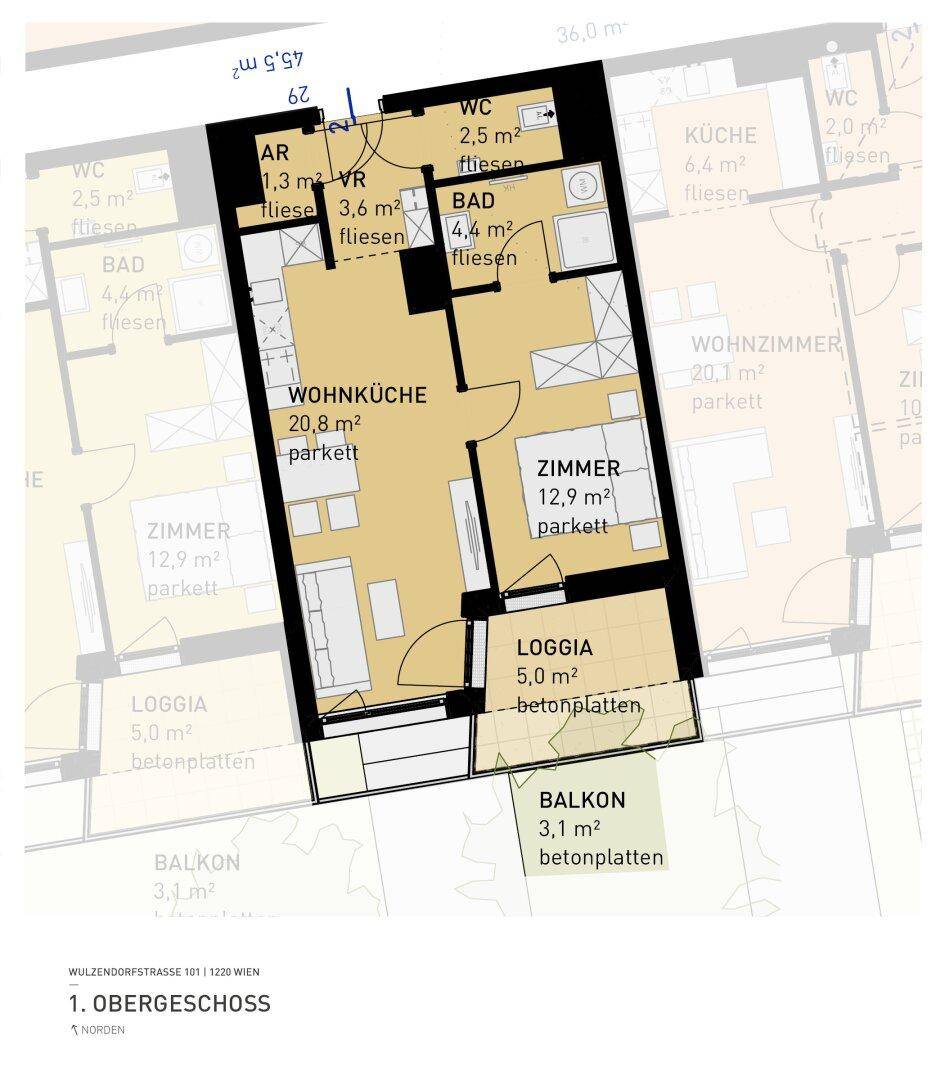 Grundriss einer Wohnung im Obergeschoss mit Wohnküche, Zimmer, Bad, WC, Loggia und Balkon.