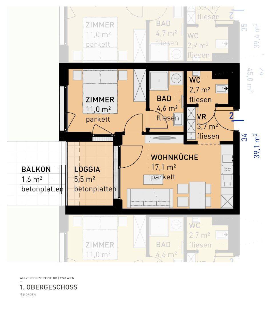 Grundriss einer Wohnung mit zwei Zimmern, Wohnküche, Bad, WC, Loggia und Balkon.
