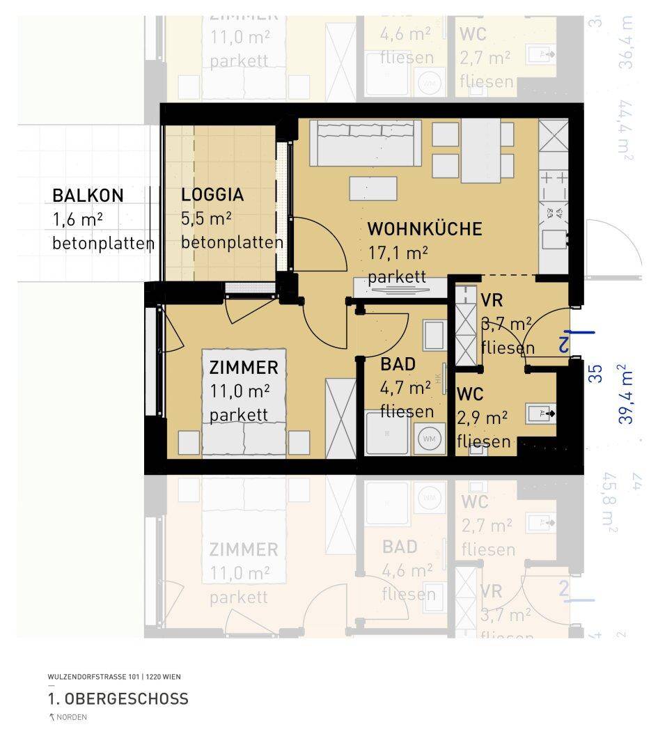 Grundriss einer Wohnung mit Wohnküche, Zimmer, Bad, WC, Loggia und Balkon.
