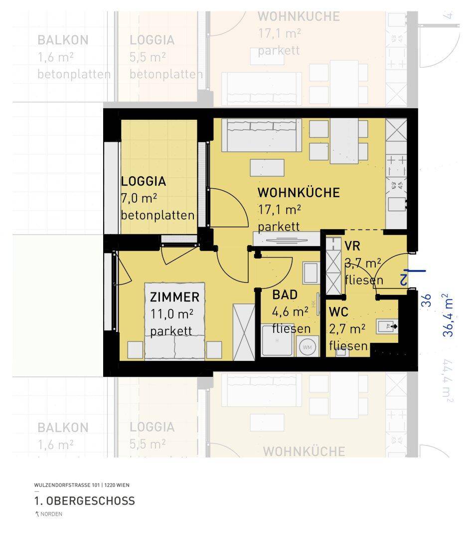 Grundriss einer Wohnung im Obergeschoss mit Wohnküche, Zimmer, Bad, WC und Loggia.
