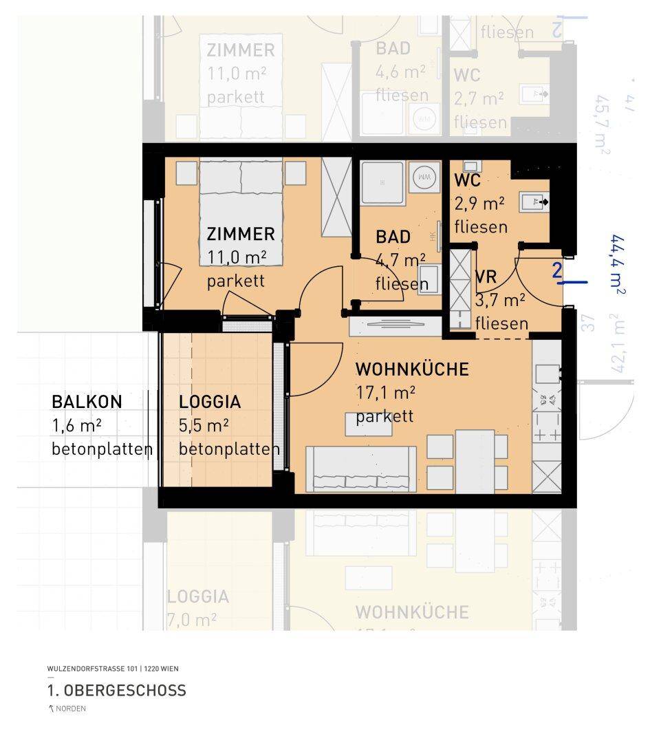 Grundriss einer Wohnung im ersten Obergeschoss mit Balkon, Loggia und offener Wohnküche.