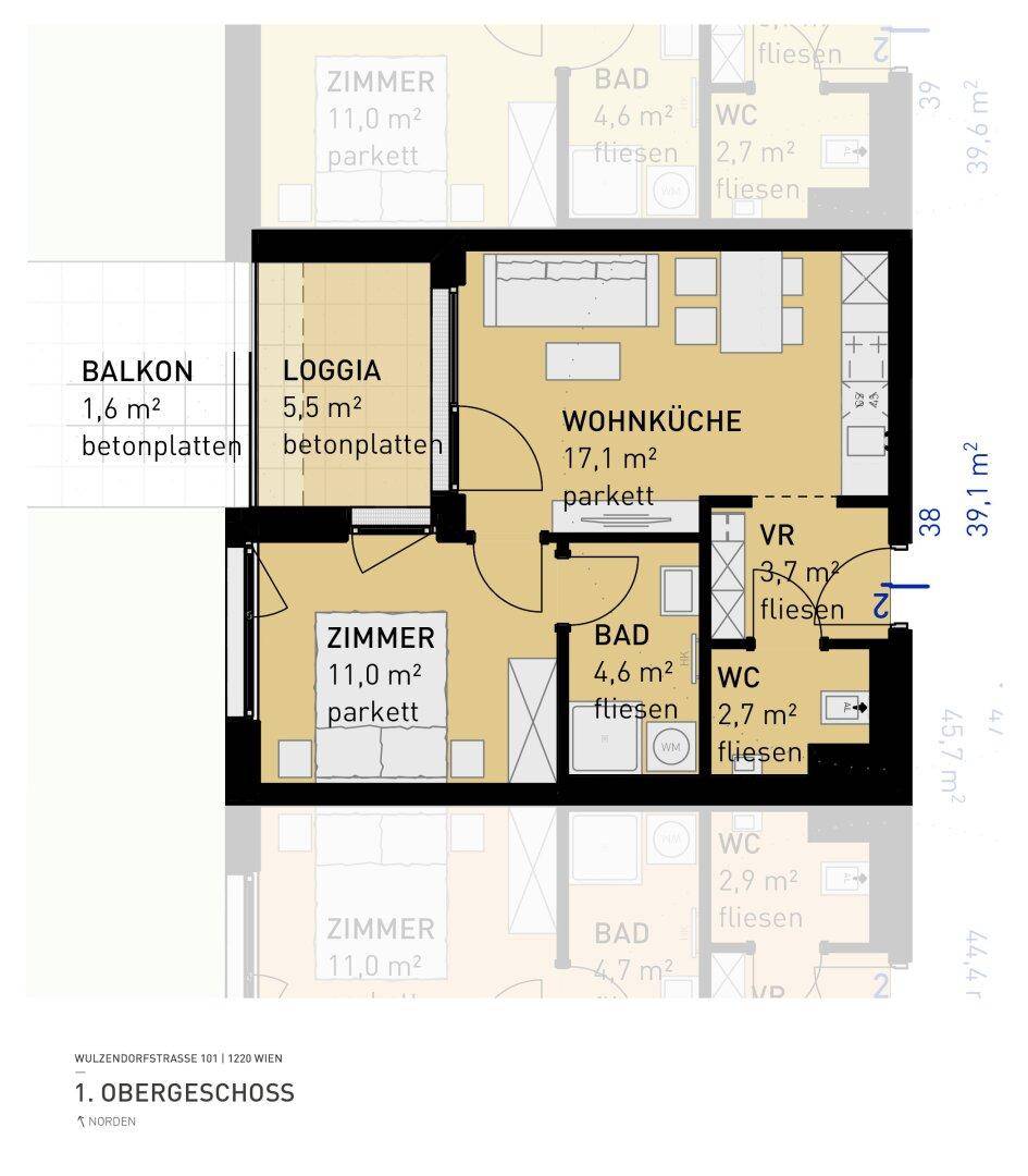 Grundriss einer Wohnung im Obergeschoss mit Wohnküche, zwei Zimmern, Bad, WC, Balkon und Loggia.