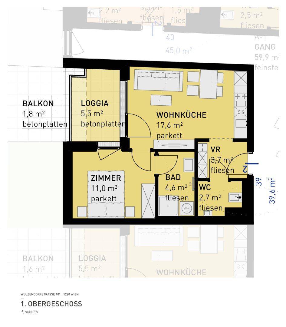 Grundriss einer Wohnung im Obergeschoss mit Wohnküche, Loggia und Balkon.