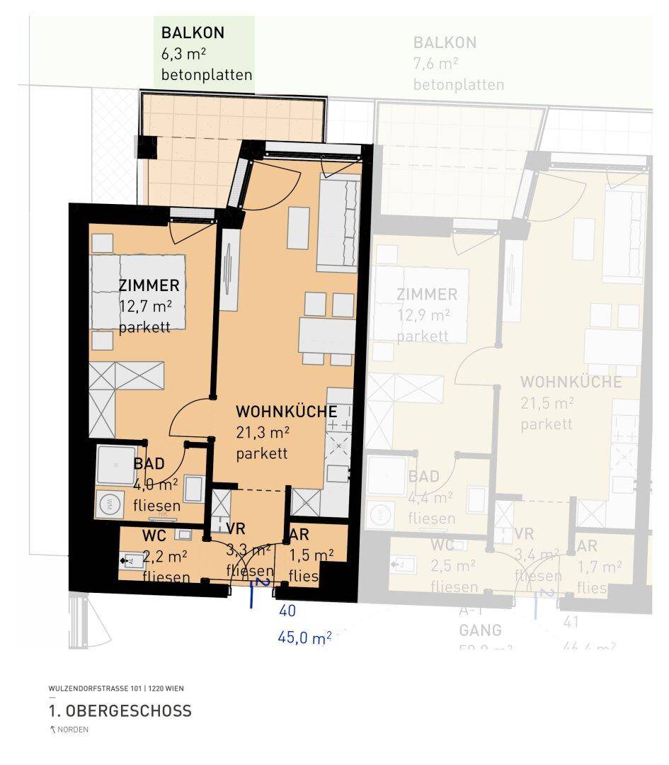 Grundriss einer 45,0 m² Wohnung im 1. Obergeschoss mit offenem Wohnbereich und Balkon.
