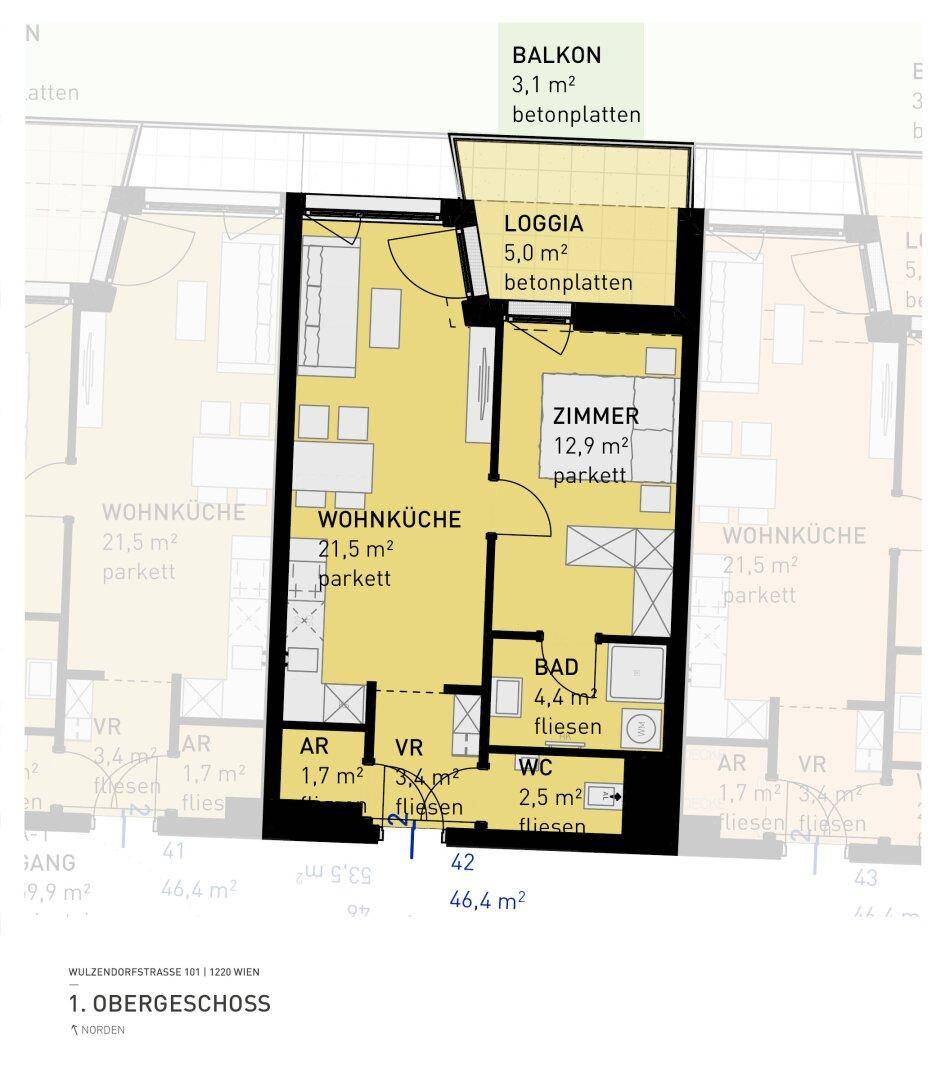 Grundriss einer Wohnung im ersten Obergeschoss mit Wohnküche, Zimmer, Bad, WC, Loggia und Balkon.