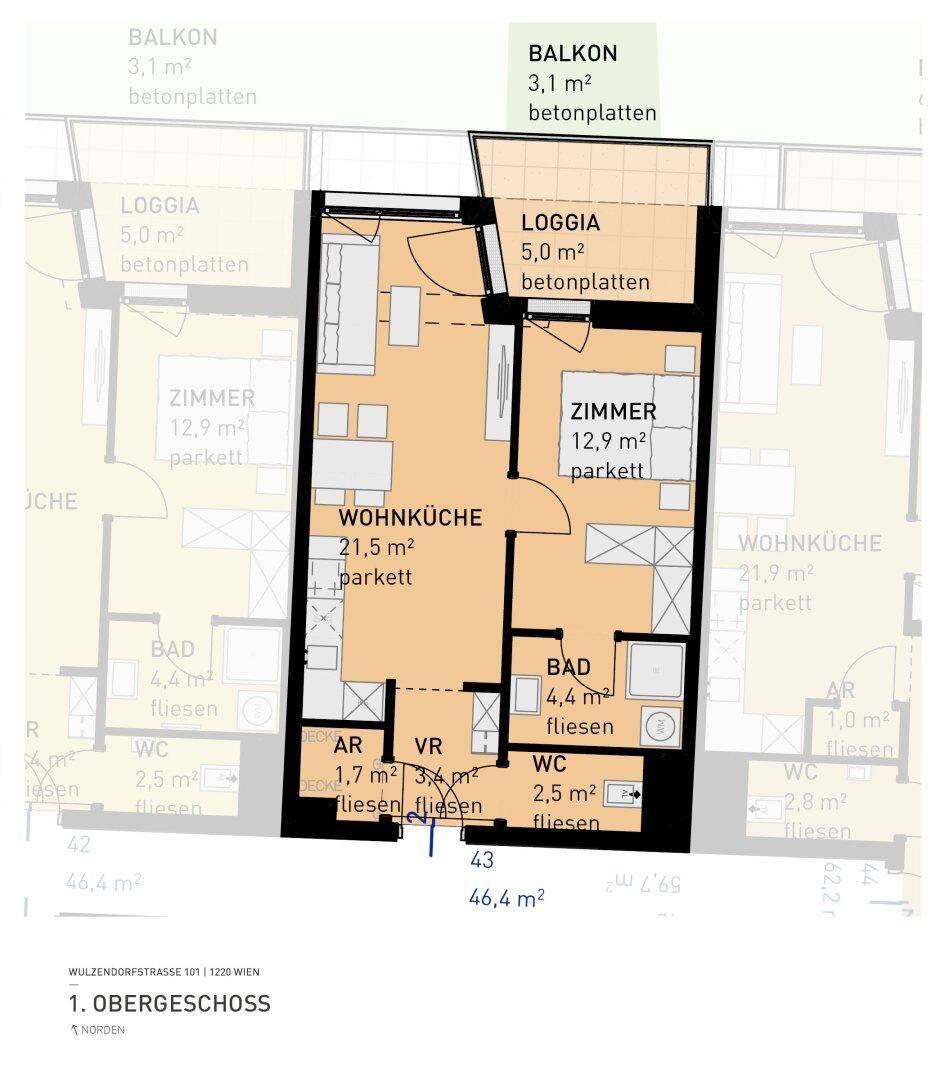 Grundriss einer Wohnung im Obergeschoss mit Loggia und Balkon, 46,4 m² Wohnfläche.