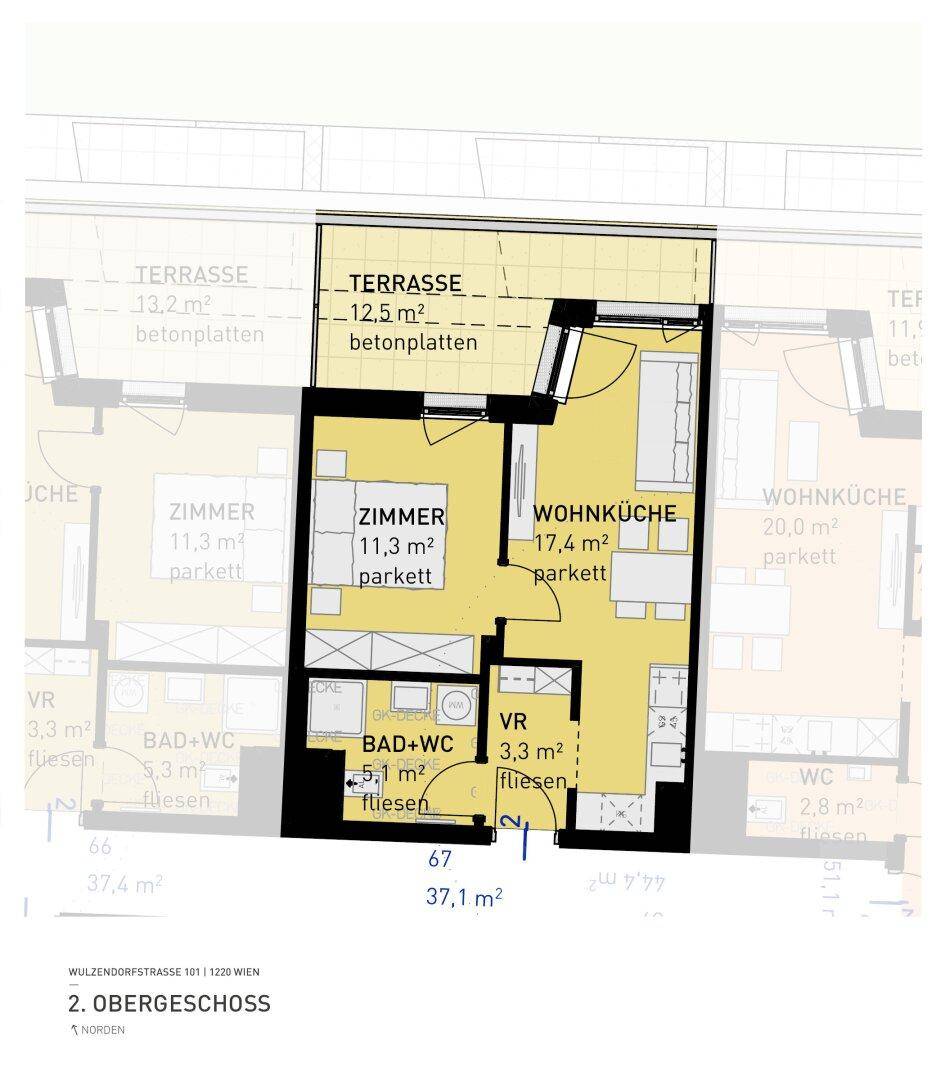 Grundriss einer Wohnung im Obergeschoss mit Terrasse, Wohnküche und Bad.