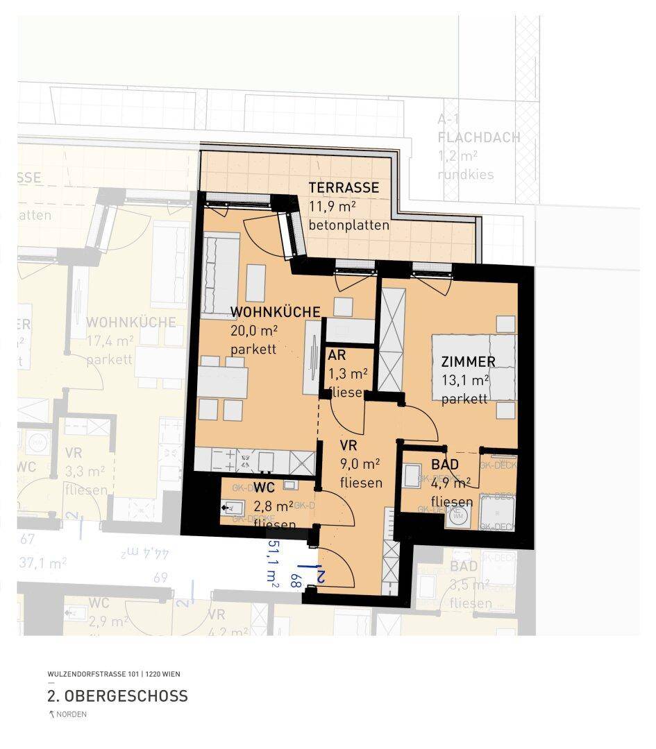 Grundriss einer Wohnung mit offener Wohnküche, einem Schlafzimmer, Bad, separatem WC und Terrasse.